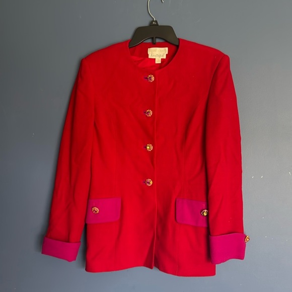 Red and pink Ann Taylor 80’s blazer with gold tone pink buttons size 6 - Picture 1 of 12